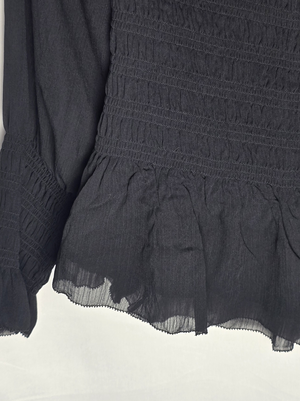 torrid Black Smocked Ruffle Hem Long-Sleeve Blouse, Sz 1 - Picture 3 of 7